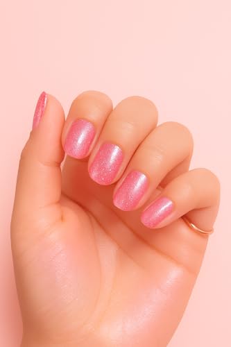 Image of 24 Pcs Reusable Artificial Nails Fake Nails with Glue and Kit| Pink Stardust Glitter Pink Press On Nails | ABS Material UV Protected Long Lasting Finish | Reusable Customizable Nail Kit |Short Oval Nails