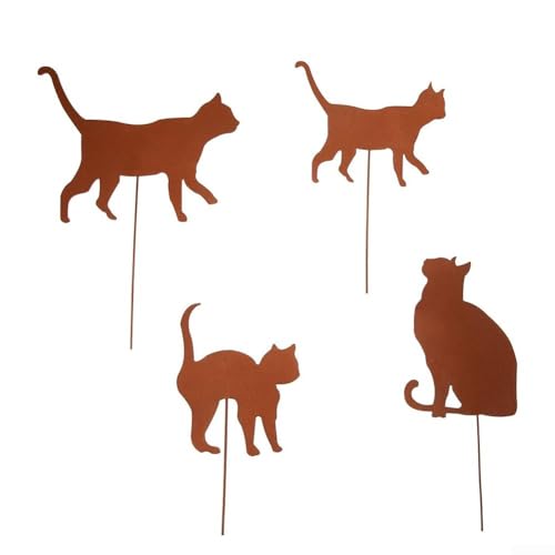 Charmants chats rouillés pour décoration de jardin, piquets en métal résistants aux intempéries en lot de 3 ou 4 pour parterres de fleurs et balcons (4 chats)