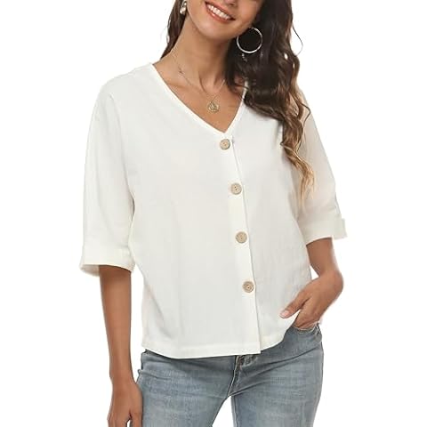 LNX Womens Button Down V Neck T-Shirts Short Sleeve Loose Linen Blouses Summer Tops (Medium, White) Cover