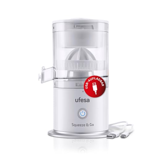 Ufesa Squeeze & Go White, Exprimidor Inalámbrico Eléctrico Recargable, Portátil, Extractor de Nutrientes para Frutas Multifuncional, Carga USB, 220ml de Capacidad, Sin BPA