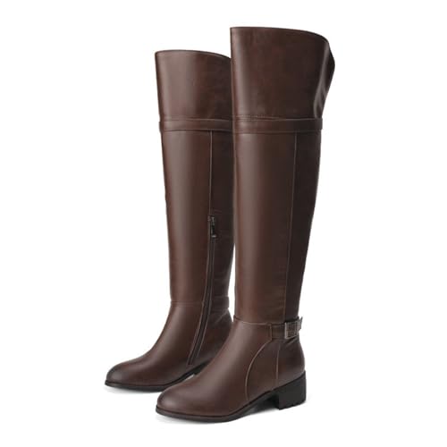 ENWIND Bottes Cuissardes Femme Hiver Longue Botte À Talon Plat Botte Equitation,Marron,48 EU