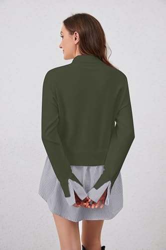 Image of MISSACTIVER Women Slit Turtleneck Patchwork Sweater 2 in 1 Buttons Down Pullover Knit Sweater Asymmetrical Hem Shirt Top