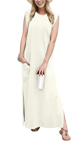 GRECERELLE Womens Summer Casual Loose Beach Split Long Maxi Dress with Pockets (Medium, Off White)