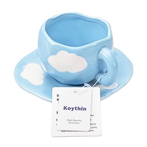 Koythin Ceramic Coffee Mug With Saucer Set, Cute Creative Cup Unique Irregular Design For Office And Home, Dishwasher And Microwave Safe, 10Oz/300Ml For Latte Tea Milk (Blue Sky And White Clouds) #TOP2