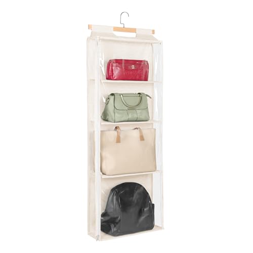 Syeeiex Over The Door Purse Organizer with Zippers, 4 Mesh Shelves,Clear Slubbed Fabric+PVC Hanging Closet Bag Organizer, Dustproof Handbag Closet Tote Storage Bag for Door, Wardrobe, Beige