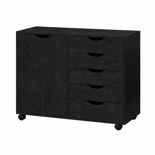 Image of Naomi Home Under Desk Rolling Office File Cabinet with 5 Drawers & Side Storage Cabinet, Mobile Organizer with Shelves & Swivel Casters for Home Office - Distressed Black