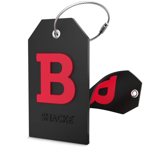 Shacke Initial Luggage Tag with Full Privacy Cover and Stainless Steel Loop - Black (Letter B)