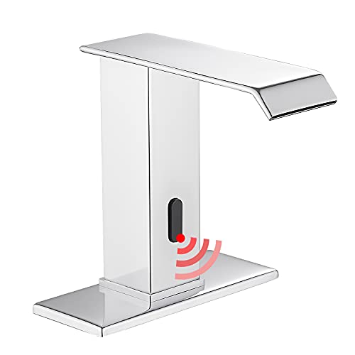 Automatic Sensor Chrome Touchless Bathroom Sink Faucet with Hole Cover Plate Vanity Faucets Hands Free Waterfall Bathroom Water Tap with Control Box and Temperature Mixer by GGStudy