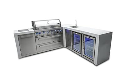 Mont Alpi MAi805-D90BEVFC 44-inch 6-Burner 115000 BTU 90 Degree Corner Deluxe Stainless Steel Gas Outdoor Kitchen Barbecue Island Grill + Lockable Compact Refrigerator + Faucet & Sink + Rotisserie Kit
