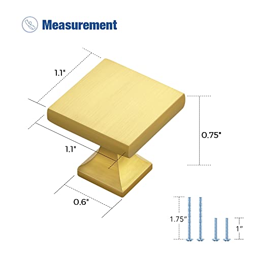 Image of Ravinte Cabinet Knobs Brushed Brass Square Knobs, Drawer Knobs, 5 Pack | Single Hole, Solid Metal, Easy Install, Screws Included, Rust-Resistant, For Cabinets, Drawers, Dressers