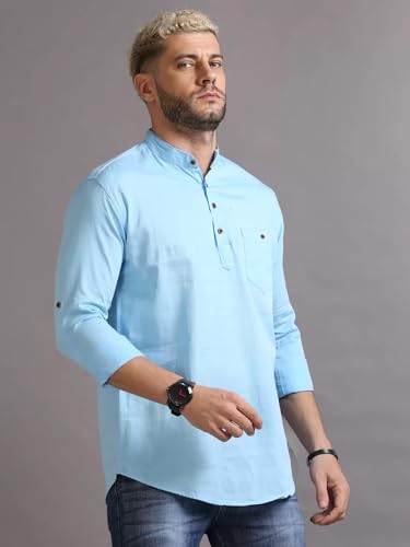 Image of DEEMOON Men's Cotton Blend Full Sleeve Short Kurta with Mandarin Collar Crafted from a Premium Cotton Blend