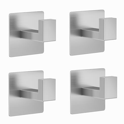4-Pack Adhesive Hooks for Bathroom or Kitchen, Brushed Nickel Coat Hooks,Towel/Robe Hooks, Heavy Duty Stainless Steel Wall Hooks,No Drilling Required,Suitable for Smooth Flat Surfaces