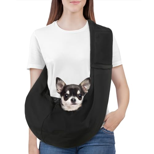 Pawaboo Small Dog Sling Carrier, Reversible Hands Free Dog Sling Carriers for Small Dogs and Cats, Puppy Slings Carrier with Safety Harness, Puppy Essentials, Black