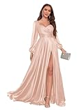 JKMMYO Rose Gold Bridesmaid Dresses Long Sleeves for Women Ruched Long Satin Formal Gown Evening Dress with Split Size 16