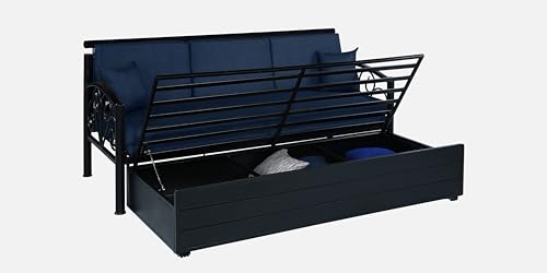 Image of 3 Seater Metal Sofa Cum Bed with Hydraulic Storage | Sofa Set for Living Room, Bedroom, Guest Room| King Size Convertible Sofa Bed | Comfortable Seating Sofa Navy & Black