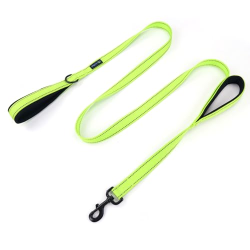 Wagtime Club Double Handle Dog Leash, 6ft Long Heavy Duty Dog Leash with Paded Traffic Handles for Extral Control and Training, Dual Handles Leads, Large Medium Small Dogs (Reflective Neon Green)