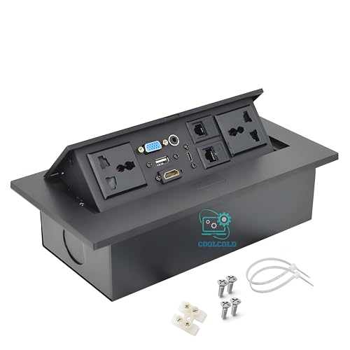 Image of COOLCOLD Hydraulic Cable Cubby, Conference Table Connectivity Solutions, Pop Up Box with Type-C, HDMI, VGA, 3.5MM Audio Port, LAN, Power Ports & USB Port (Black)