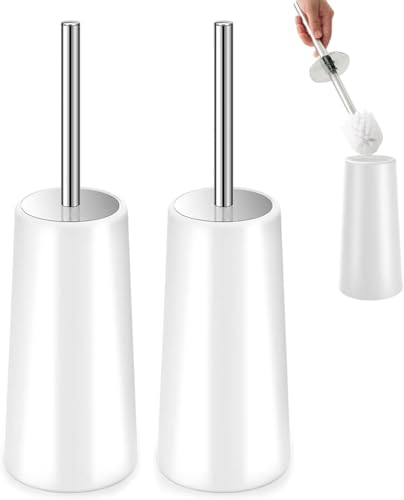 Topsky Juego de 2 escobillas de inodoro cerradas con mango de acero inoxidable, escobilla de inodoro blanca, escobilla compacta y soporte, recipiente cónico de plástico, cepillo para inodoro (blanco)
