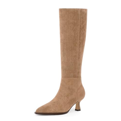Modatope Nude Knee High Boots for Women Kitten Heel Boots Tan Nude Suede Boot for Women Pointy Toe Low Heel Stiletto Tall Dress Long Fall Boot 2025 Size 7