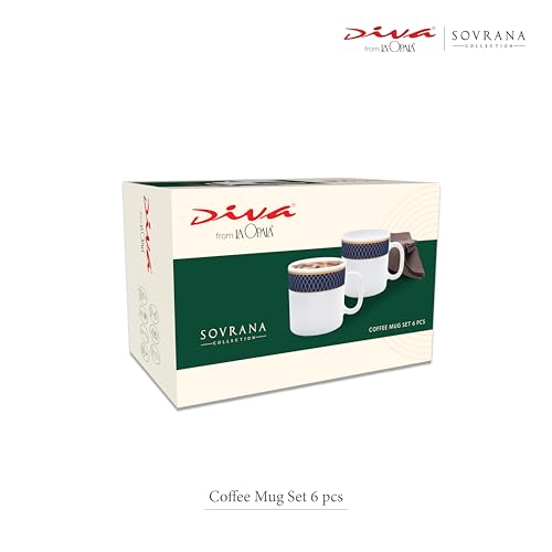Image of La Opala Diva, Sovrana Collection Opal Glass Crockery | Coffee Mug Regular, Set of 6 | Medusa Gold, 190 ml | for Tea & Coffee | Microwave Safe | 100% Vegetarian | Extra Strong | Super Light & White