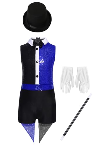 Oyolan Disfraz De Circo De Maestro Para Niñas Leotardo Con Lentejuelas Sin Manga Con Sombrero Disfraz De Halloween Cosplay Azul real 7-8 años
