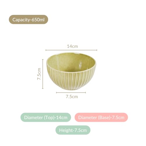 Nestasia Ceramic Bowl for Snacks - Dishwasher & Microwave Safe Bowl Set of 4, Ribbed Texture Serving Bowl Set for Rice, Dal, Vegetables, Fruits, Salad, Maggi & Noodles (Green- 650ml)