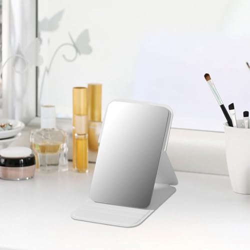 Image of Portable Folding Travel Mirror - Slim PU Leather Makeup Mirror with Adjustable Stand - Lightweight Pocket-Size Vanity Mirror for Purse, Desk, or Travel Use (7 x 10.5 cm) (Grey)