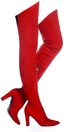 Shoe'N Tale Women Stretch Suede Chunky Heel Thigh High Over The Knee Boots(7,Red)