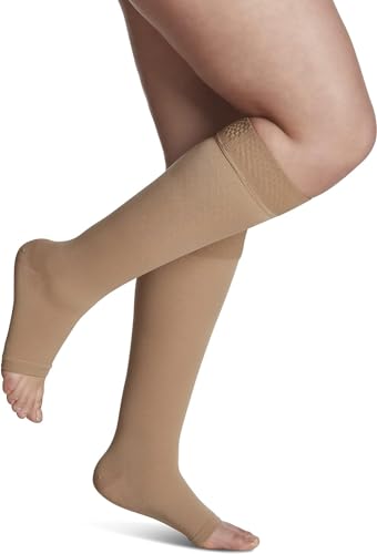 Image of SIGVARIS Men's & Women's Essential Opaque 860 Open Toe Calf-High Socks w /Grip Top 20-30mmHg - Large Short - Nude