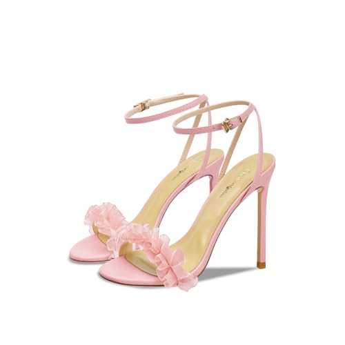 Women's 3.9IN High Heel Sandals Open Toe Strappy Slingback with Lace Flower Detail - Stiletto Heel Summer Dress Shoes for Wedding/Party3