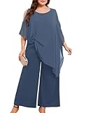 ZOMVA Plus Size Mother of The Bride Pant Suits Dressy 2 Piece Chiffon Asymmetric Cape Set with Pockets Wedding Guest Outfit, Grey Navy, 2X