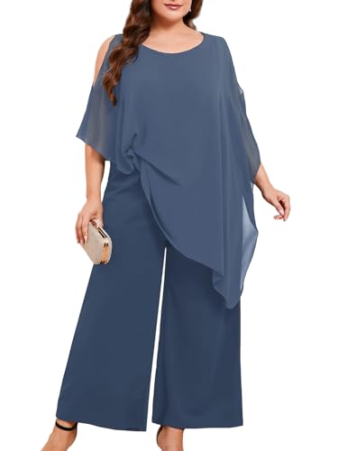 ZOMVA Plus Size Mother of The Bride Pant Suits Dressy 2 Piece Chiffon Asymmetric Cape Set with Pockets Wedding Guest Outfit, Grey Navy, 4X