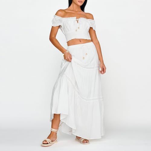 Women’s Two Piece Skirt Sets Summer Off Shoulder Frill Trim Beach Crop Tops and Long Skirt Going Out Outfit2