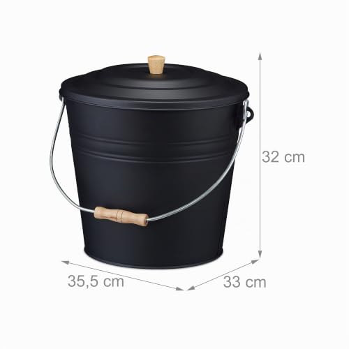 Miniatura 4 de Relaxdays Cubo Cenizas Con Tapa, 12 Litros, Accesorio Chimenea, Bbq, Acero Y Madera, Contenedor Ceniza Con Asa, Negro