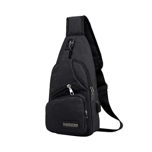 Crossbody Backpack Strap Bag with USB Hole and Headphone Hole Hiking Backpack for Day Use & Outdoor Walking Travel (Black)