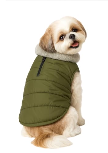 Image of The Pets Company Dog Winter Coat Jacket, Windproof, Waterproof, Light Weight, Washable, Ultra Warm Thick Fleece Lined Dog Vest for Cold Weather Protection, (Military Green, Small - 14 Inch)