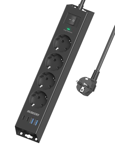 Multiprise 4 prises avec USB C, 8 en 1, montage mural avec interrupteur et câble de 2 m, multiprise avec parasurtenseur pour bureau, cuisine (noir)