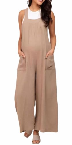 FEOYA Mono Premamá Ancho de Tiro Alto Overol Holgado con Bolsillos y Tirantes Ajustables Pantalones Caqui para Mujeres Embarazadas Talla XL