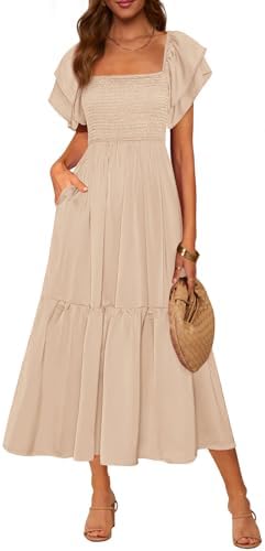 MASCOMODA Womens Summer Casual Midi Dress Square Neck Ruffle Shor...