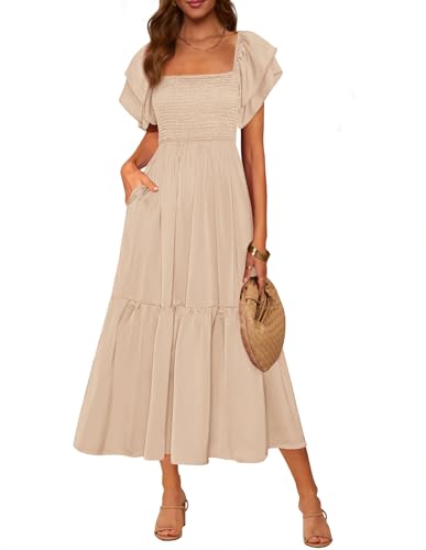 MASCOMODA Womens Summer Casual Midi Dress Square Neck Ruffle Short Sleeve Smocked High Waist A Line Wedding Guest Dresses(Apricot,Large)