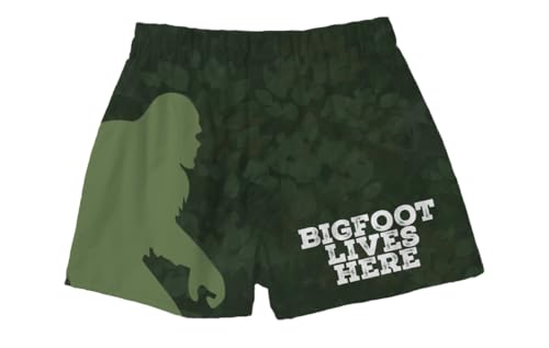 BRIEF INSANITY Comfortable Loose Fit Boxer Shorts | Funny Green Outdoors Bigfoot Print Boxer Short Bottoms - Soft, Comfy Loungewear Pants (Bigfoot Lives Here, X-Large)