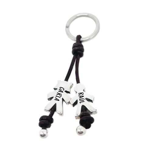 Chaveiro personalizado com crianças e animais de estimação gato/cão em zamak com banho de prata e couro | Gravação com nome | Presente original para pais, mães e amantes de animais. (Chaveiro Duplo)