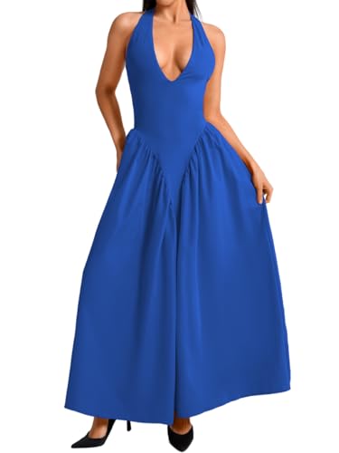 Image of ChiaoLezhee Deep V Neck Dress, Halter Maxi Dresses, Vacation Date Night, Sexy for Women Corset Flowy Wedding Guest Drop Waist