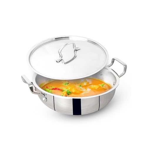 Image of The Indus Valley Triply Stainless Steel Deep Kadai /Kadhai 2.2 LTR with Stainless Steel Lid | 20 cm /7.87 inch,1.39kg | Induction Friendly | Nonstick 3-Layer Body, 100% Pure & Toxin-Free
