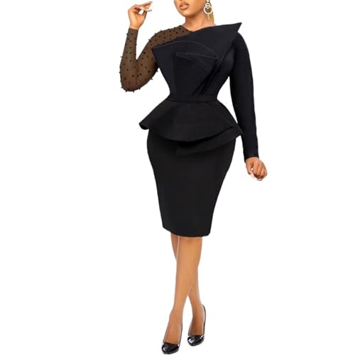 Women's Elegant Mesh Long Sleeve Office Work Dress Fashion Solid Color Ruffled High Waist Bodycon Midi Pencil Dress