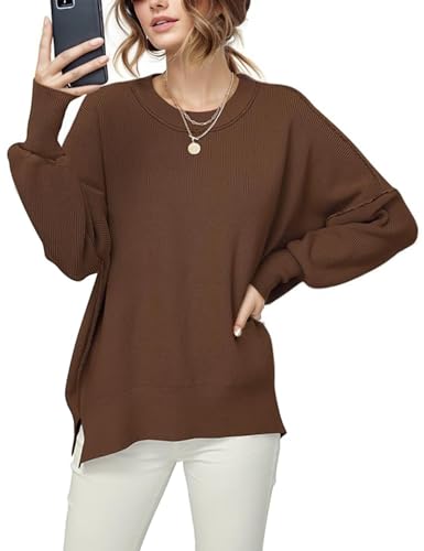 Womens Oversized Pullover Sweaters Batwing Sleeve Crew Neck Side Slit Knit Ribbed Fall Sweater Tops