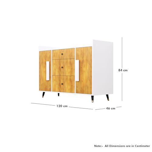 Image of Bniture Wooden Sideboard Cabinet for Living Room | Wooden Storage Cabinet with 2 Door & 3 Drawer | Engineered Wood Multipurpose Cabinet with Spacious Shelves for Home | Frosty White & Giant Wood
