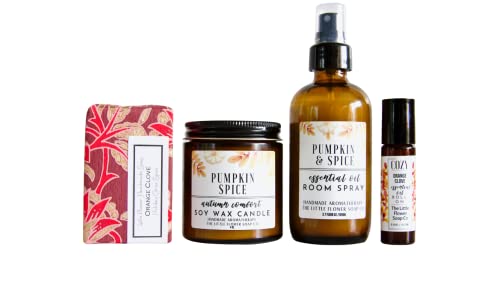 Pumpkin Spice Gift Box for Women – Fall Self Care Set with Candle, Room Spray, Soap & Aromatherapy Oil – Cozy Autumn Housewarming or Hostess Gift – Handmade Small Business Spa Set