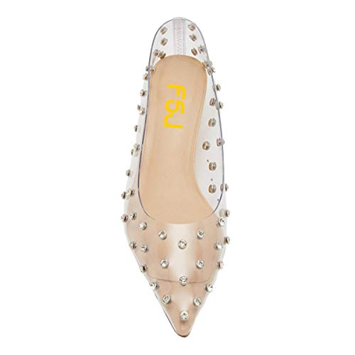 FSJ Women Fashion Transparent Clear Pumps Kitten Low Heels Studded Rhinestones Studs Slip On Bridal Party Dress Shoes Size 4-15 US3