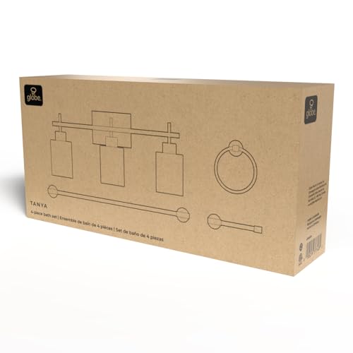 Image of Globe Electric 4-Piece All-in-One Bathroom Set, Matte Black, 3-Light Vanity Light with Clear Glass Shades and Matte Brass Accents, Towel Bar, Toilet Paper Holder, Towel Ring